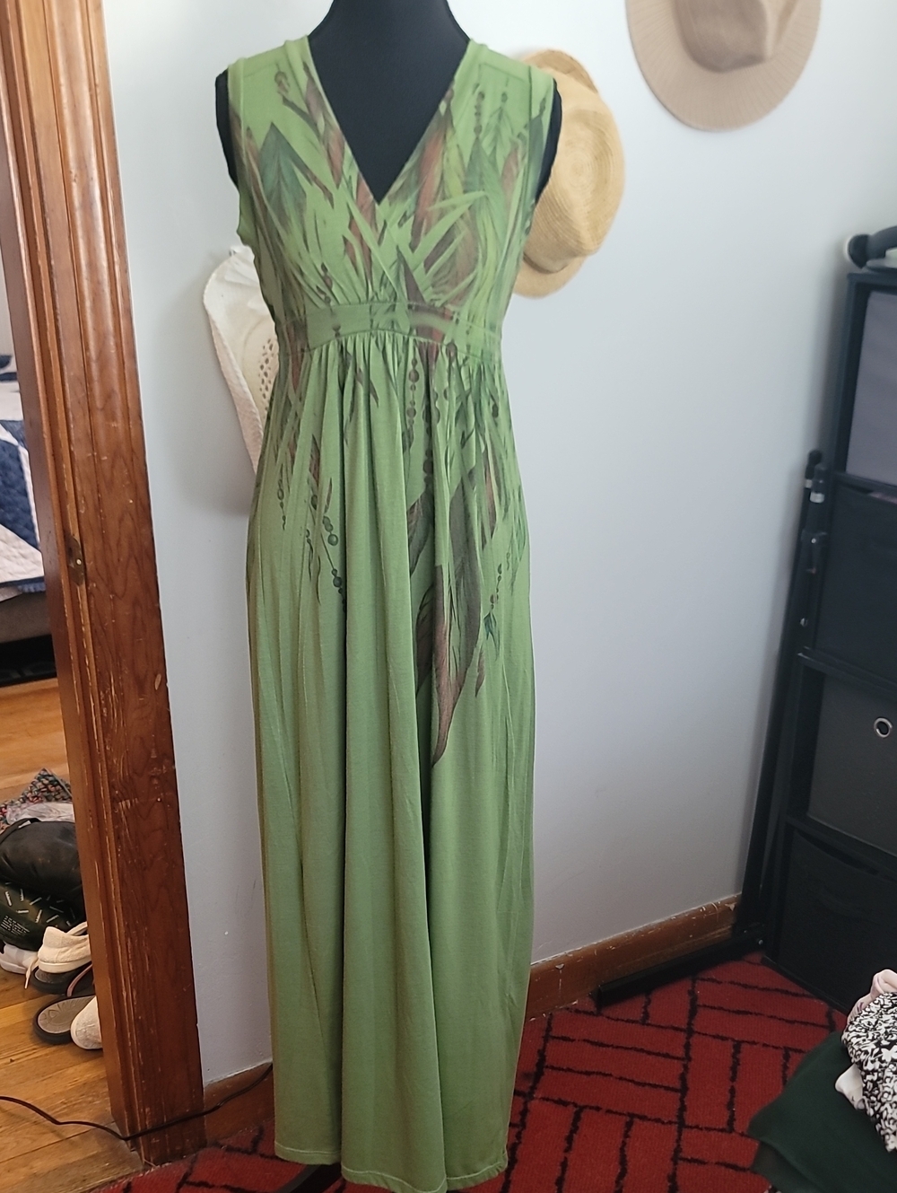 julie's closet Olive Green Leaf-Print V-Neck Maxi Dress